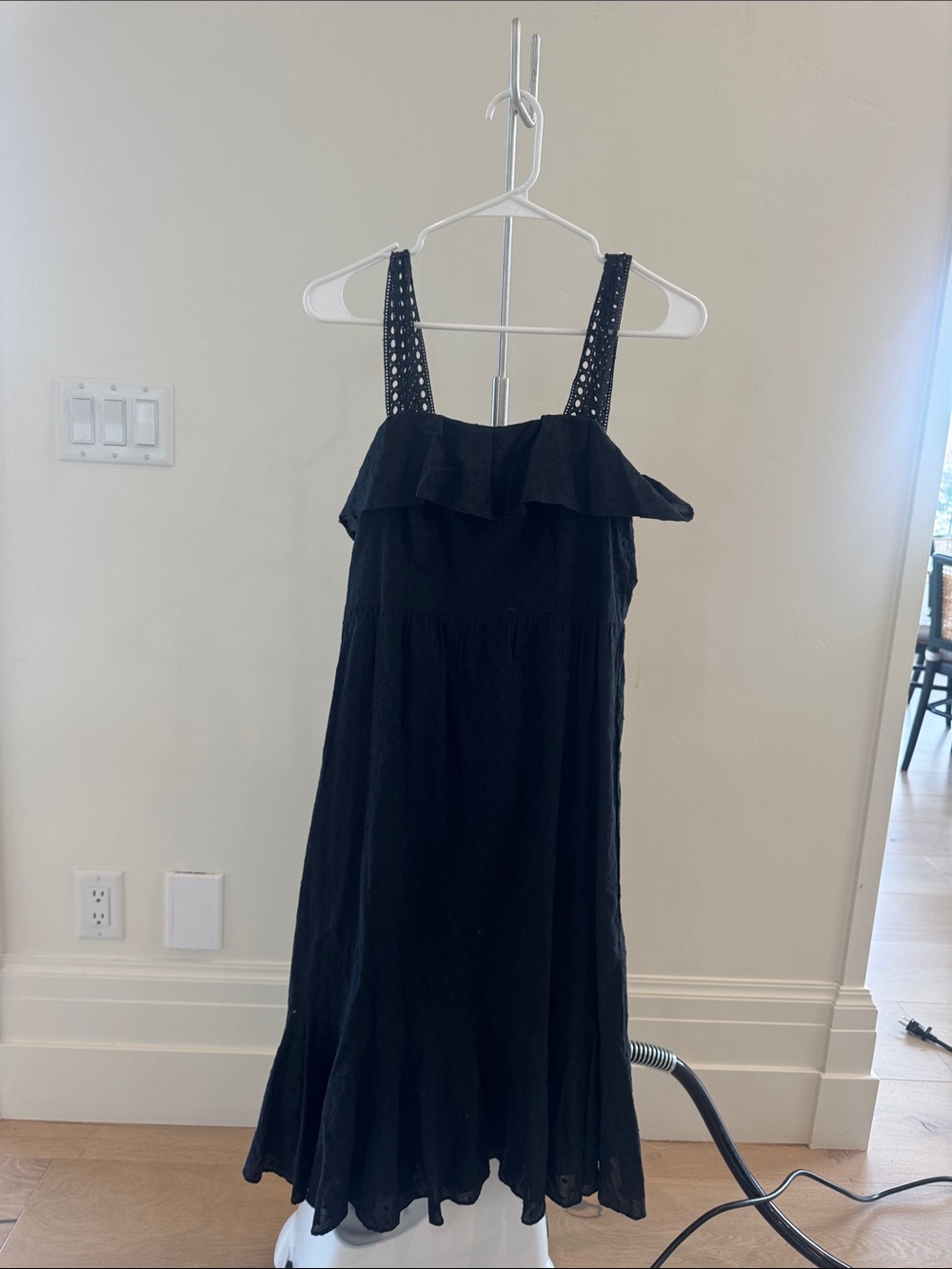 J. Crew Black Eyelet-Strap Ruffle Midi Dress